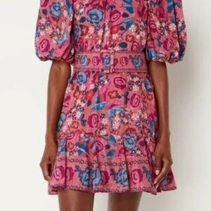 Farm Rio Women's Pink Birds Blush Floral Puff Sleeve Mini Dress Size XS NWT